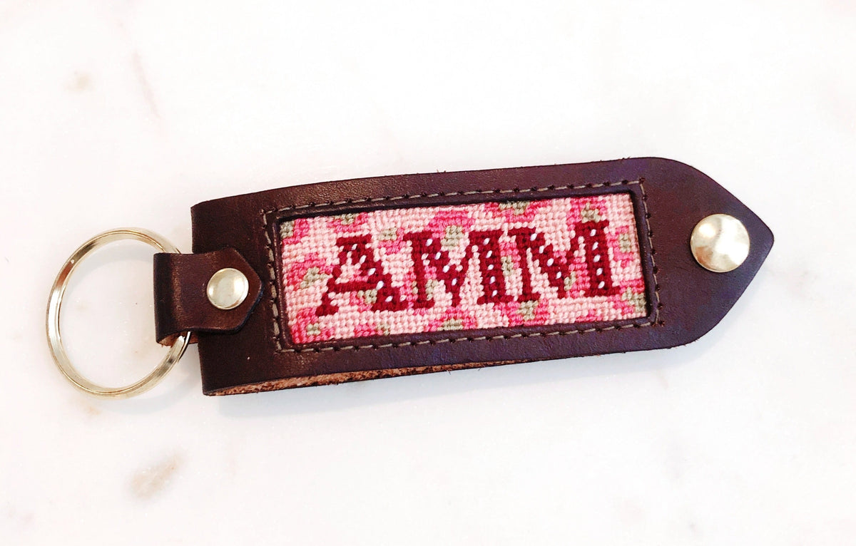 Leather, Needlepoint Keychain - Bordered Initial Keychain