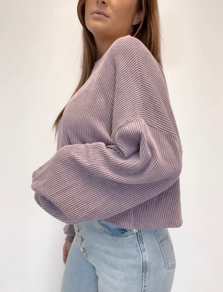 Ribbed Crop Top  with Pillow Sleeves - Mauve