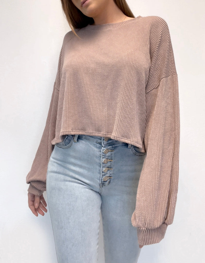 Ribbed Crop Top  with Pillow Sleeves - Sandstone