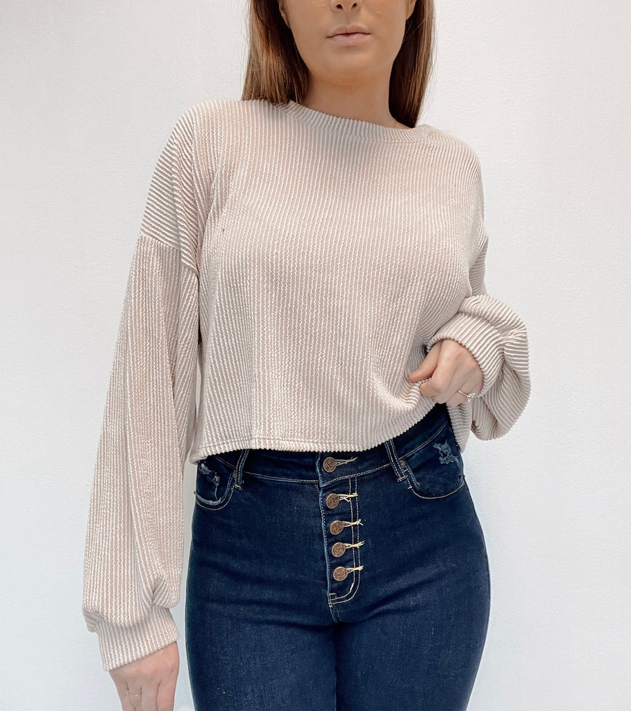 Ribbed Crop Top with Pillow Sleeves - Oatmeal