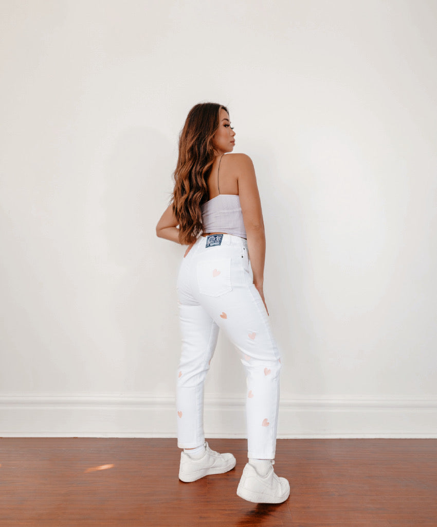White Embroidered Heart High Waisted Jeans - The Carnation - Comfort Stretch