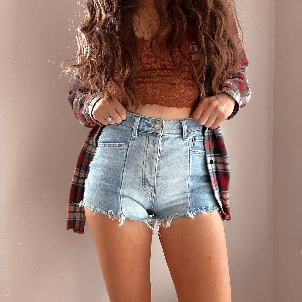 Two Tone High Waisted Denim Shorts  - The Camille