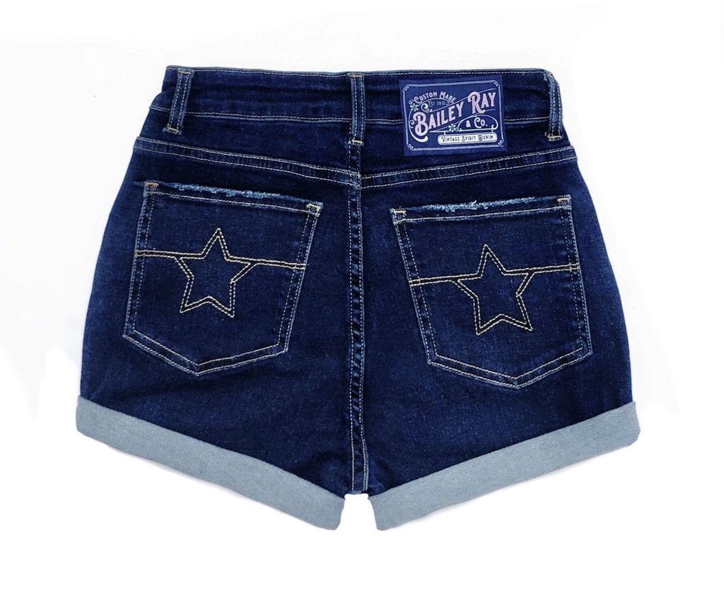 Star stitched Pockets - High Waisted Denim Shorts  - The Francis - Stretchy