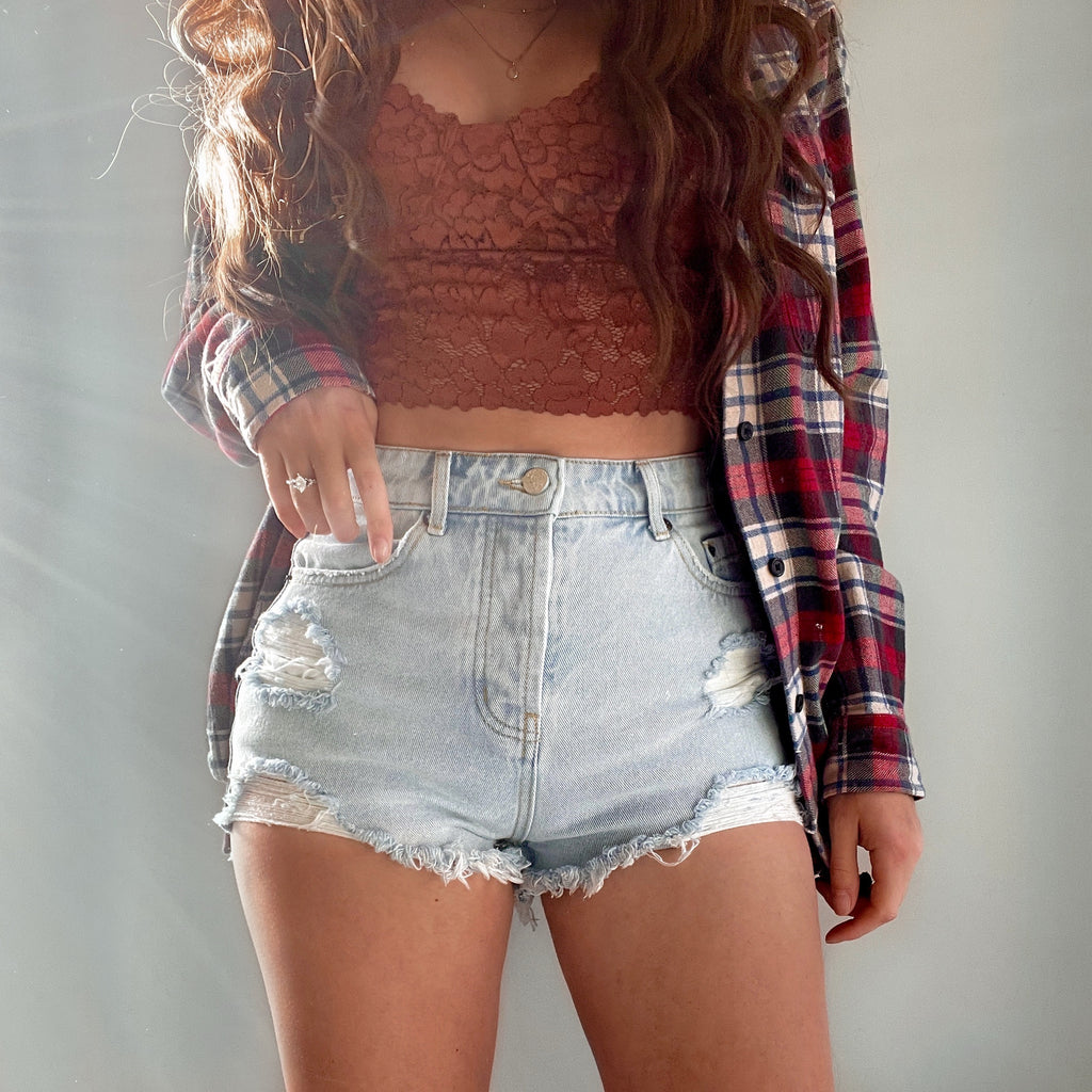 Distressed High Waisted Denim Shorts  - The Clementine