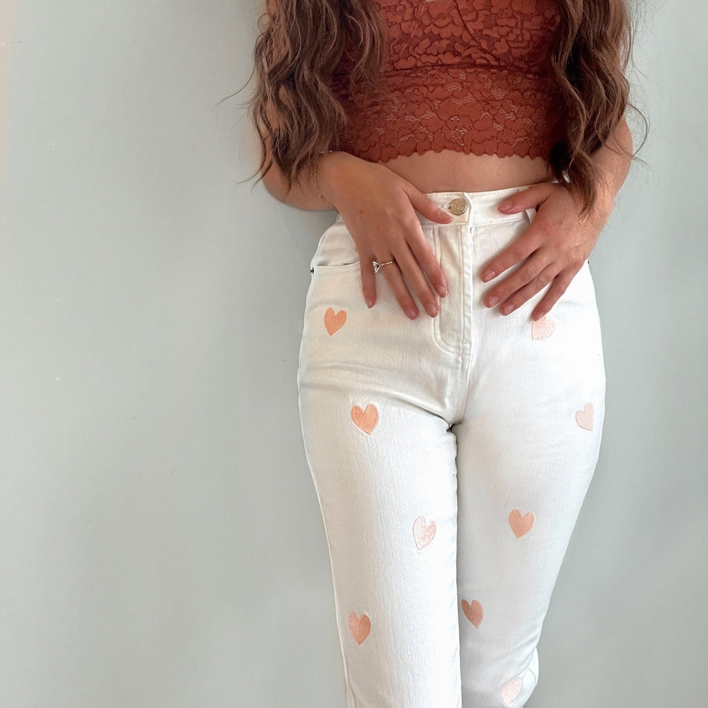 White Embroidered Heart High Waisted Jeans - The Carnation - Comfort Stretch