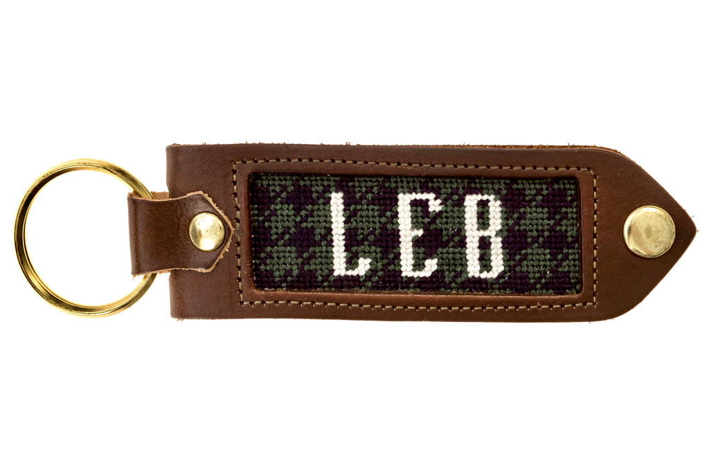 Leather, Needlepoint Keychain - Houndstooth Initial Keychain