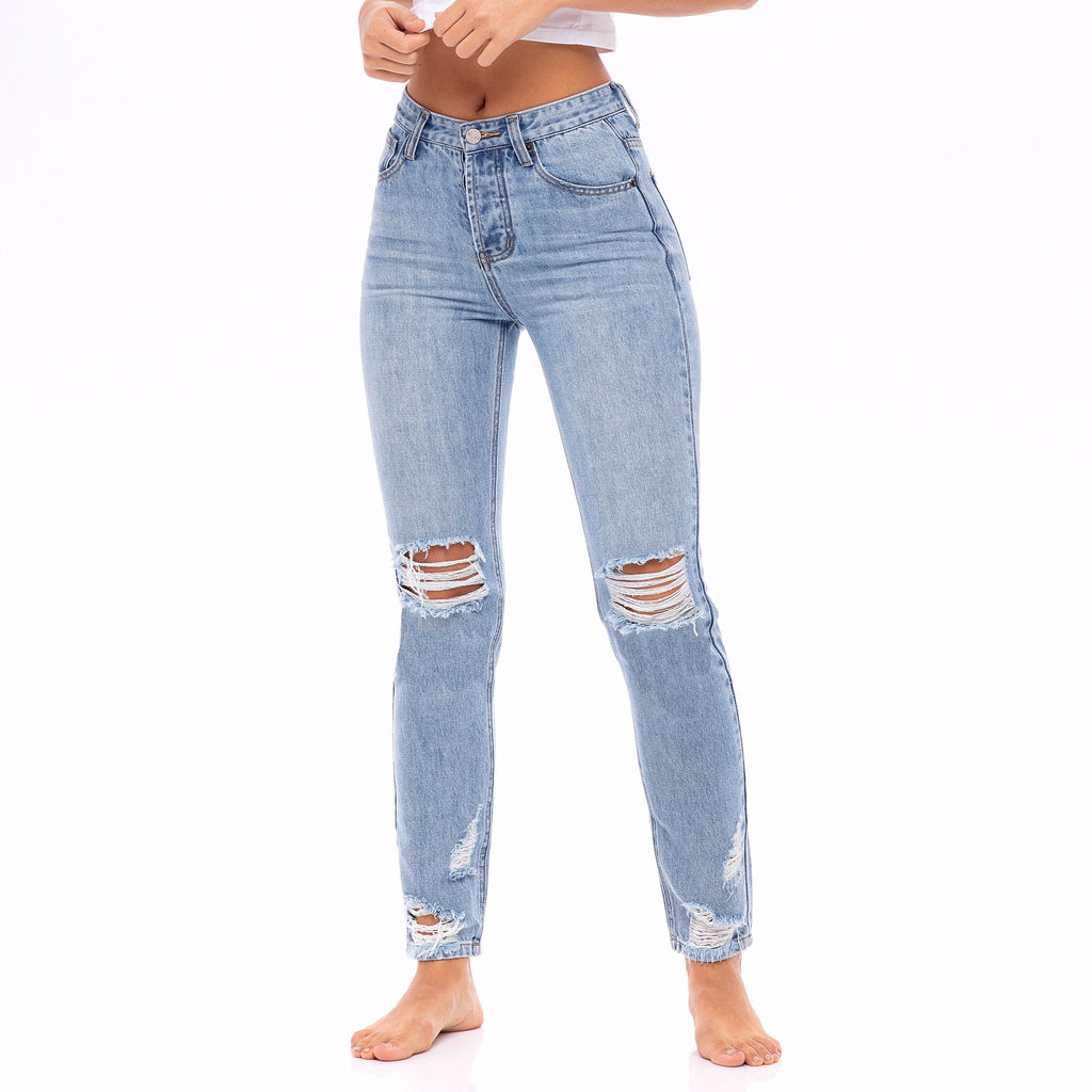 Star Stitched Pockets - Distressed High Waisted Mom Jeans  - The Zinnia