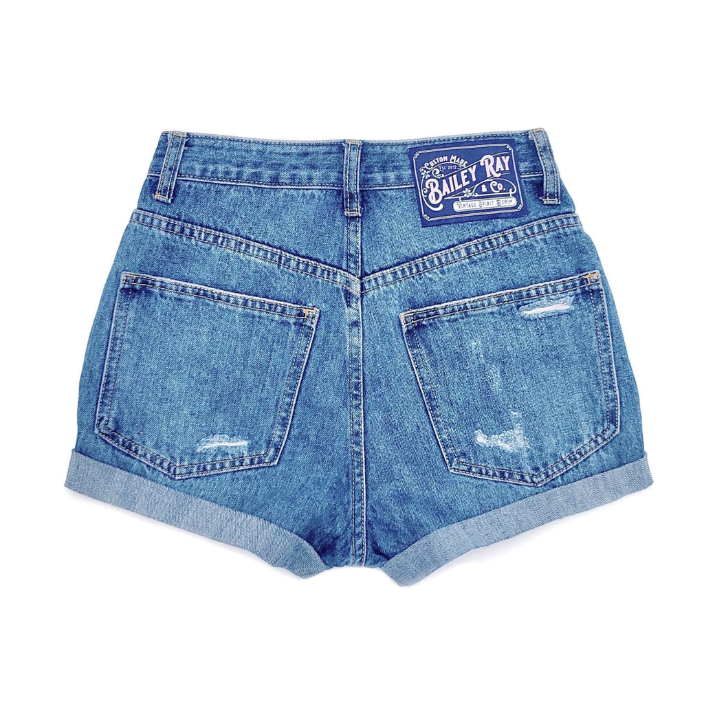 Lightly Distressed High Waisted Denim Shorts  - The Evelyn
