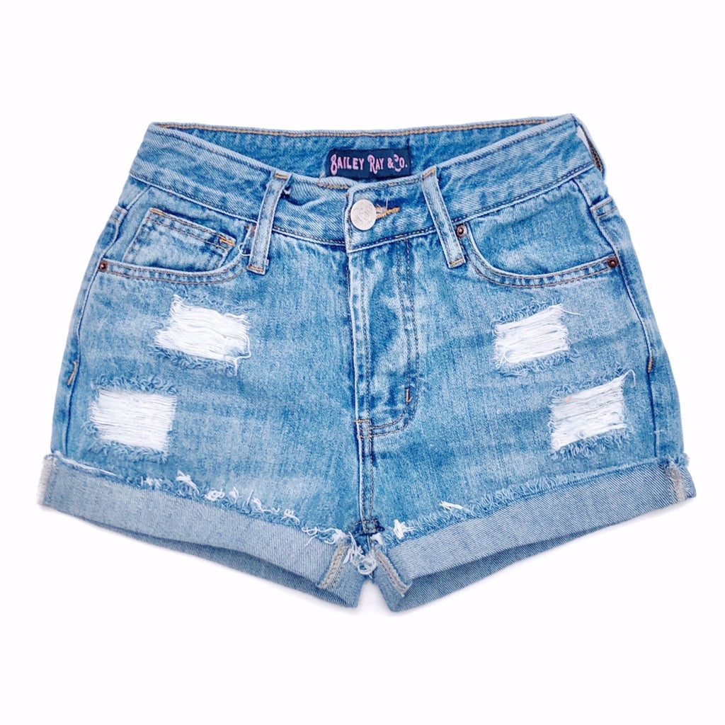 Distressed High Waisted Denim Shorts  - The Poppy