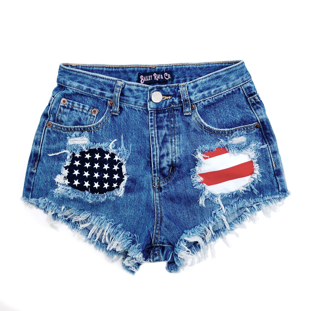 Bailey Ray and Co - Patriotic Distressed High Waisted Denim Shorts -  American Flag - The B