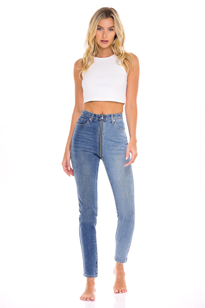 Two Tone Full Zip High Waisted Jeans  - The Dandelion