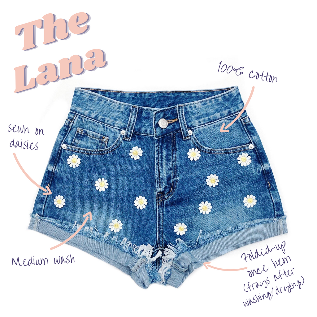 High Waisted Denim Shorts  with Daisies - The Lana