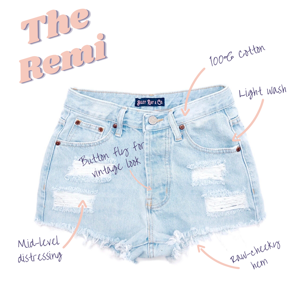 Light Wash, Distressed  High Waisted Denim Shorts  - The Remi