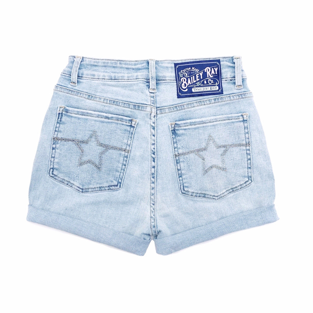 High Waisted Denim Shorts  - The Aria - Star Stitched Pockets - Stretchy
