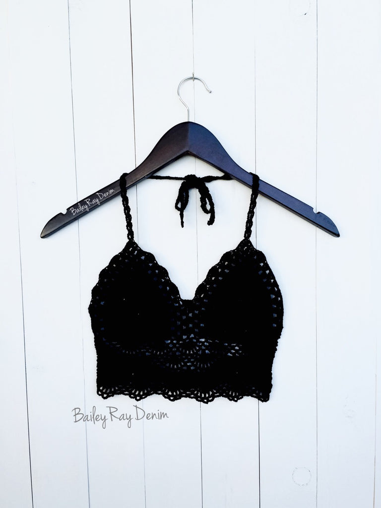 Bailey Ray and Co Black Crochet Crop Top on hanger